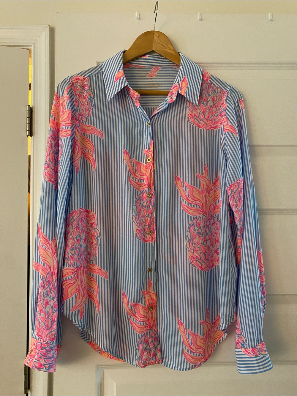 Lilly Pulitzer Light Blue Stripe Button-Up Shirt with Pink Pineapple Print